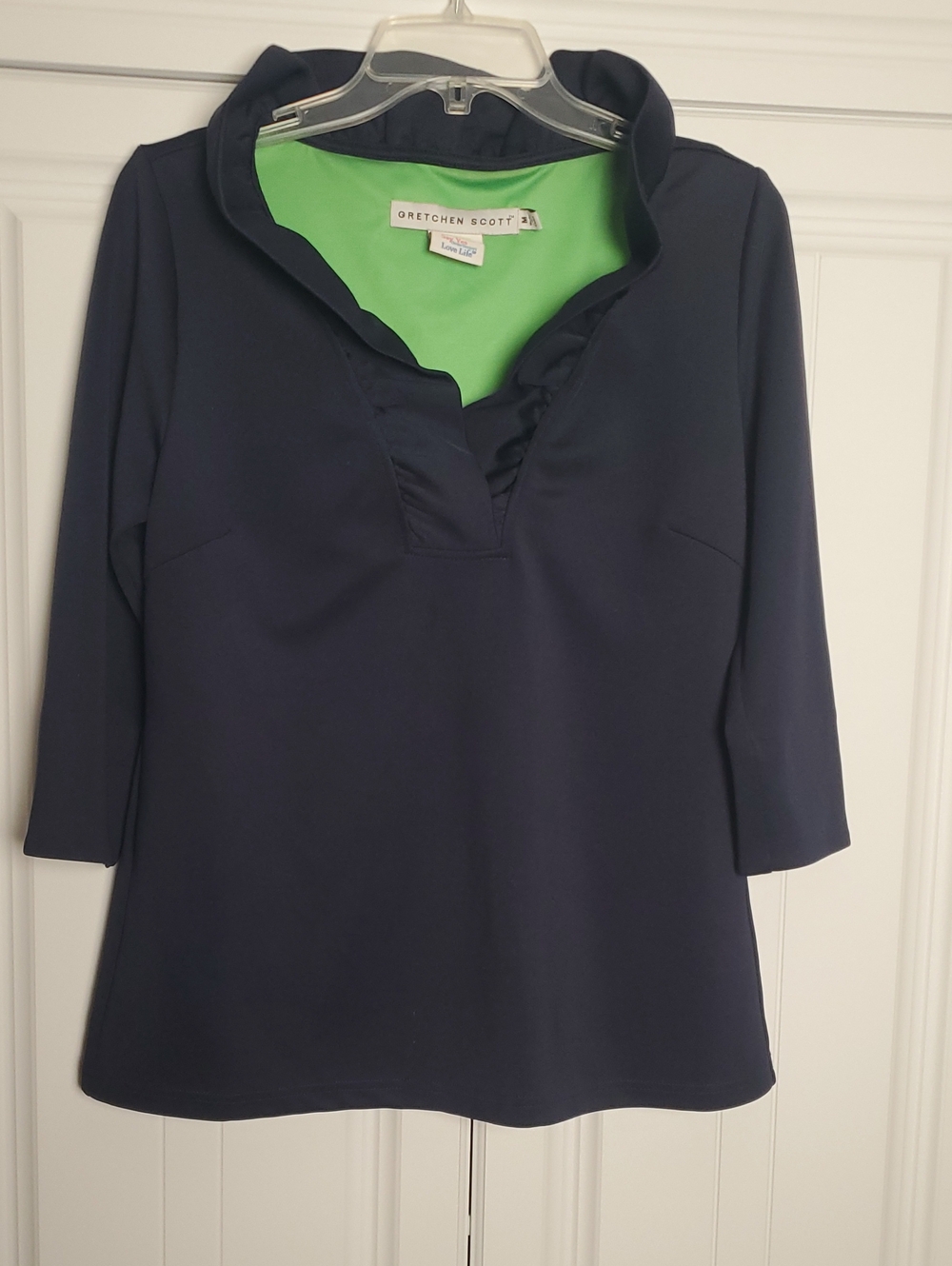 Gretchen Scott Designs Navy V-Neck Ruffle 3/4 Sleeve Tunic with Lime Lining